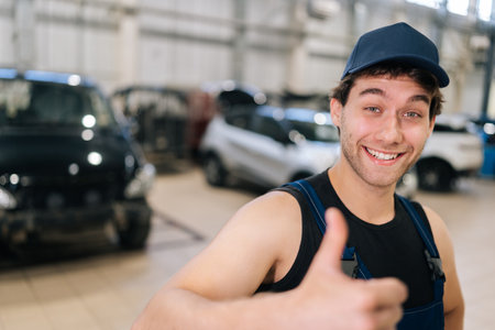 Closeup of positive young repairman in uniform and cap showing thumbs up gesture while working in auto repair shop. Cheerful car mechanic male fixing car in garage smiling looking at camera.の写真素材