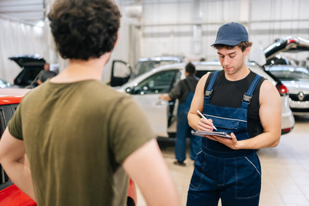 Professional mechanic male in uniform explaining checklist car maintenance and repair to...