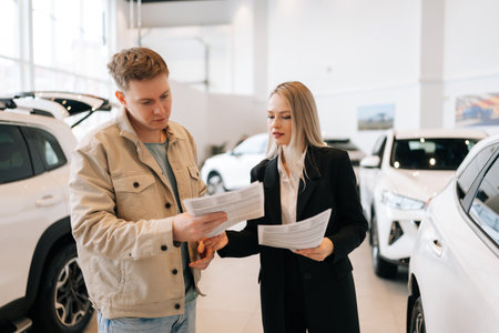 Portrait of female consultant provides all information about new car using paper documents to male client at car dealership. Focused young man reading technical specifications of auto at showroom.の写真素材