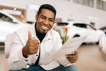 Portrait of smiling African-American male customer holding car purchase agreement before signing in dealership office, showing thumbs-up gesture looking at camera with happy expression.の写真素材