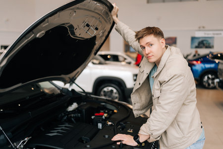 Portrait of handsome male customer checking at engine compartment at car dealership, looking at camera. Happy young man buyer in casual clothes choosing auto, wants to buy new automobile in showroom.の写真素材