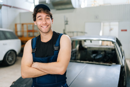 Portrait of friendly young repairman in uniform and cap standing with crossed arms working in car service as mechanic, smiling looking at camera on blurred background of cars under repair.の写真素材