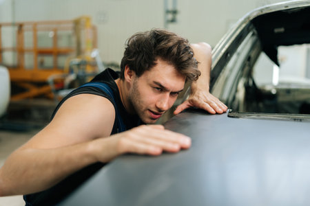 Close-up of repairman conducts check inspection of car body after polishing surface. Closeup face of auto mechanic male checking polished car hood well in workshop. Concept of professional car repair.の写真素材