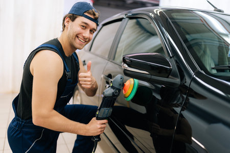 Friendly mechanic male in uniform polish auto door using grinding unit in automobile repair and...