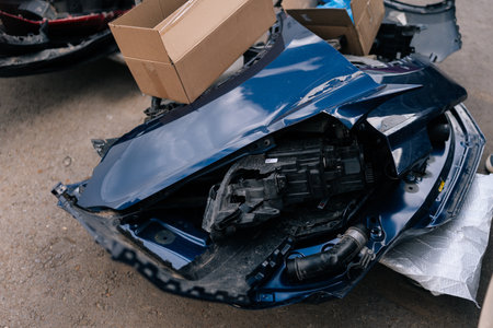 Colored jumble of iron waste as old car body, various leftover recyclable materials. Closeup of mixed scrap metal pile at auto wrecking yard. Dismantling of old automobiles at industrial scrapyard.の写真素材