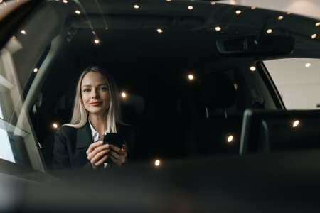 Portrait through windshield to attractive female passenger reading news using smartphone sitting on front seat in car. Pretty young woman with blonde hair browsing phone, surfing internet, texting smsの写真素材