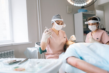 Medium shot of two female trichologist performing local needle-free anesthesia to back of head using pistol in recipient area prior to hair transplant surgery in clinic. Concept of baldness treatmentの写真素材