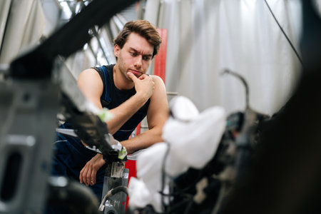 Thoughtful mechanic male inspecting car engine in repair shop, puzzled and frustrated, during challenges of automotive maintenance. Thinking repairman with confused expression leaning on car engine.の写真素材