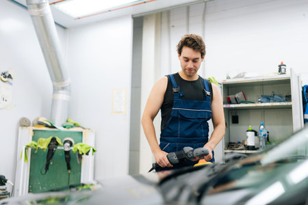 Handsome car service worker with muscular body polishing car in auto repair shop using with orbital polisher. Expert car paint technician using car polisher to polish hood of car with refinement.の写真素材