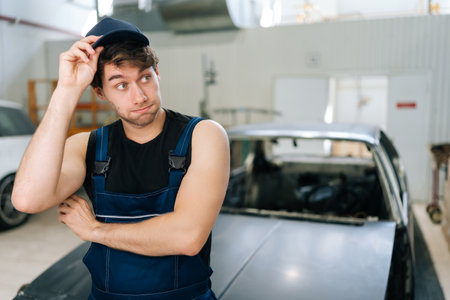 Medium shot of thoughtful mechanic male looking away in auto workshop standing by car under repair. Doubtful repairman trying to solve problem in car service shop. Concept of automobile maintenance.の写真素材