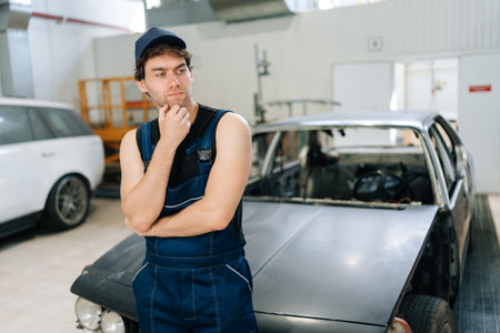 Portrait of puzzled mechanic male pensive looking away in auto workshop standing by car under repair. Doubtful repairman trying to solve problem in car service shop. Concept of automobile maintenance.の写真素材