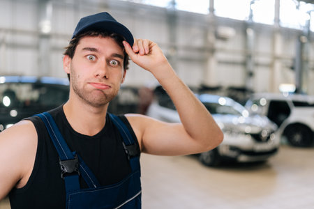 Closeup portrait of doubtful male repairman in uniform holding visor of his cap with his hand puzzled looking at camera in auto service shop. Concept of professional automobile maintenance.の写真素材