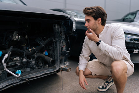 Stressed car owner male squatting and inspecting damage to car after accident. Frustrated driver...