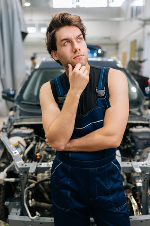 Vertical portrait of confused repairman looking away in auto workshop standing by car under repair. Doubtful mechanic trying to solve problem in car service shop. Concept of automobile maintenance.の写真素材