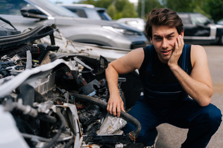 Portrait of mechanic male examining damaged car, expressing concerns about repair expenses and...