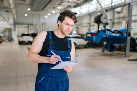 Handsome mechanic male holding clipboard while examining engine of car in garage. Serious technician man diagnostic and check motor of vehicle for maintenance and filling document on tablet .の写真素材