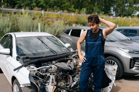 Pondering mechanic scratching head in frustration while assessing damage on car after an accident. Vehicle service repairman looking at car front end in garage car service.の写真素材