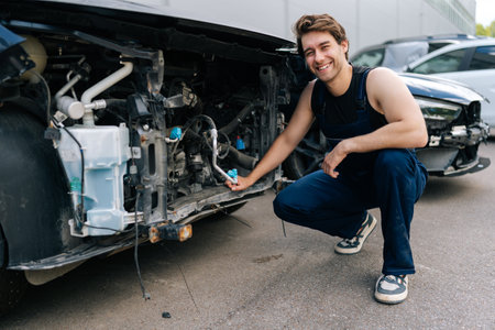 Cheerful vehicle service manager examining front of car without bumper, assessing plan for future work in automobile repair and renew service station. Concept of car service, repair and maintenanceの写真素材