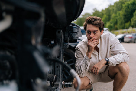 Frustrated young driver man assesses damage to car following accident on street, concerned about...