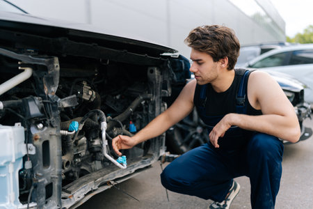 Pensive auto mechanic repairman examining front of car without bumper, assessing plan for future work in automobile repair and renew service station. Concept of car service, repair and maintenance.の写真素材