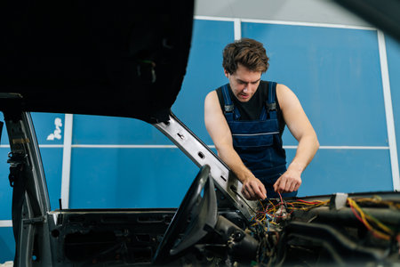 Focused mechanic in blue overalls repairing car electrical system in repair garage, troubleshooting wiring with precision. Concept of professional car repair and maintenance work.の写真素材