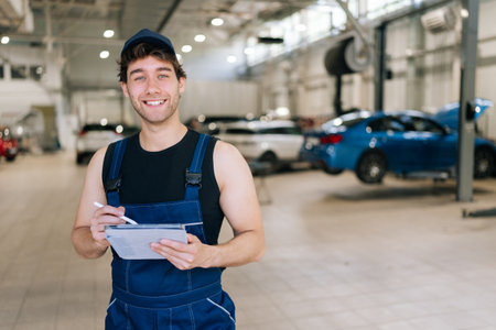 Positive supervisor mechanic male in uniform inspecting repair work checklists with tablet at garage, smiling looking at camera. Concept of service car maintenance in auto transport industry.の写真素材