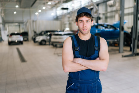 Portrait of professional confident auto mechanic worker standing at mechanic workshop with arms crossed and looking at camera with serious expression. Handsome repairman posing at repair shop.の写真素材