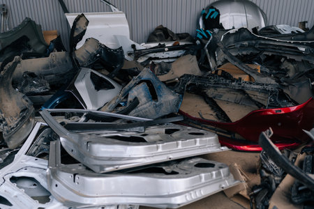 Closeup of wrecked car doors stacked at body shop mechanic. Trade in used auto spare parts. Lot of used white doors of cars in junkyard. Pile of scrap in yard. Stack of doors on sale for spare parts.の写真素材