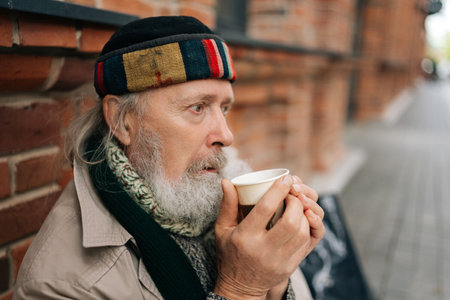 Closeup face of frozen senior man with beard, dressed in beige coat, enjoying hot tea from paper cup while warming up sitting on urban street during cold autumn. Concept of poor unhappy retirement.の写真素材