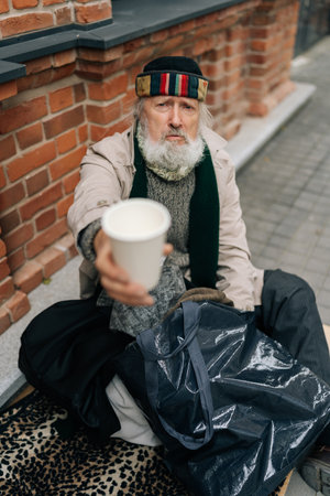 Vertical portrait of aged homeless man sits on urban street with belongings, seeking assistance, holding disposable cup and begging for alms. Concept of poor unhappy retirement.の写真素材