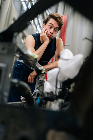 Doubtful mechanic inspecting car engine in repair shop, puzzled and frustrated, showcasing challenges of automotive maintenance. Displeased repairman with confused expression leaning on car engine,の写真素材