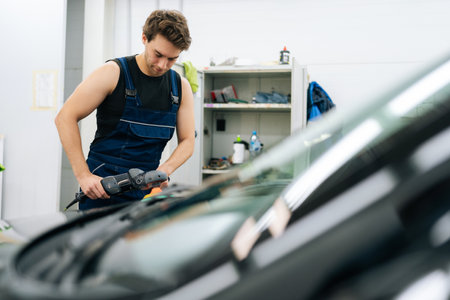 Focused mechanic male using machinery car polishers maintenance to remove marks repair to surface of hood. Repair after an accident. Concept of professional car repair and maintenance work.の写真素材
