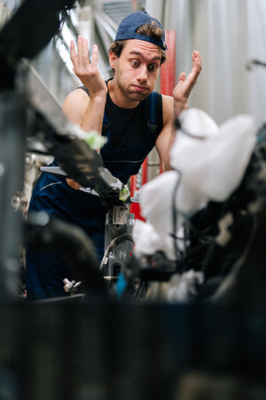 Vertical portrait of confused repairman puzzled while inspecting car engine in auto repair. Mechanic male looking at car engine and gesturing with hands, struggling to find solution to problem.の写真素材