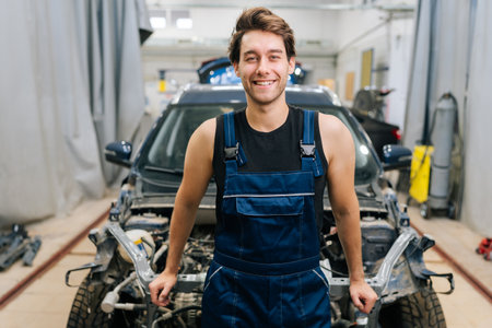 Portrait of friendly mechanic man in uniform and cap posing in auto repair workshop. Cheerful male entrepreneur car repair shop standing on blurred background of cars under repair.の写真素材