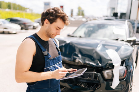 Technician man diagnostic and check motor of vehicle for maintenance and writing document on tablet. Side view of mechanic male holding clipboard while examining engine of car in outside garage.の写真素材