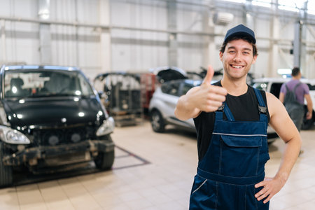 Friendly young repairman fixing car in garage smiling looking at camera. Cheerful car mechanic male in uniform showing thumbs up gesture while working in auto repair shop. Concept of car serviceの写真素材