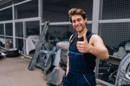 Portrait of cheerful car mechanic male in overalls showing thumbs up while working in auto repair shop. Friendly young repairman fixing car in garage. Smiling technician guy doing car maintenanceの写真素材