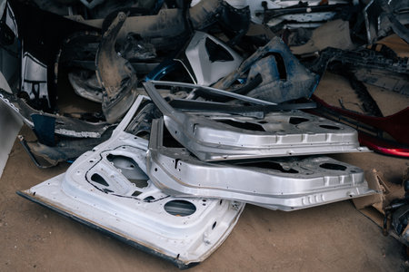 Stack of doors on sale for spare parts. Closeup of wrecked car doors stacked at body shop mechanic. Trade in used auto spare parts. Lot of used white doors of cars in junkyard. Pile of scrap in yardの写真素材