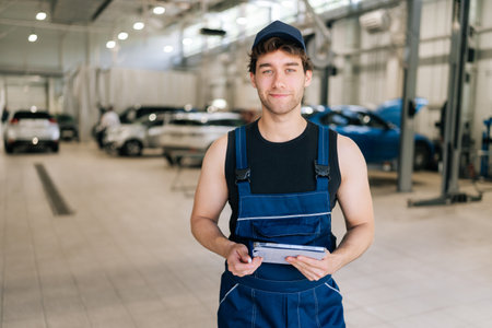 Portrait of supervisor mechanic male inspecting repair work checklists with tablet at garage. Concept of service car maintenance and occupation in auto transport industry.の写真素材