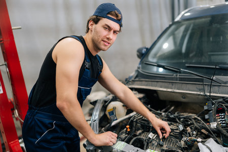 Portrait of concentrated mechanic male examining car engine in auto repair shop, looking at camera with serious expression. Skilled repairman inspecting car engine in garage vehicle service.の写真素材