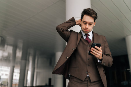Low-angle view of worried businessman in brown suit looking surprised and concerned while checking phone standing outdoors in urban setting. Concept of business communication and technology.の写真素材