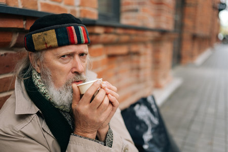 Close-up portrait of frozen senior man with beard, dressed in beige coat, enjoying hot tea from paper cup while warming up sitting on urban street at cold autumn. Concept of poor unhappy retirement.の写真素材