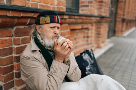 Portrait of tired retired man sitting outside on city street, sipping warm drink from paper cup, evoking feelings of compassion and empathy. Frozen aged tramp male looking sad and lost.の写真素材