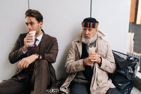 Pensive businessman in suit and senior homeless man sitting on piece of cardboard on city street, eating sandwiches and sharing moment of connection despite different social statuses.の写真素材