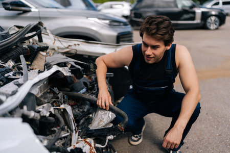 Portrait of confused mechanic male in uniform examining front of car without bumper, assessing plan for future work in automobile repair and renew service station. Concept of car service, maintenance.の写真素材