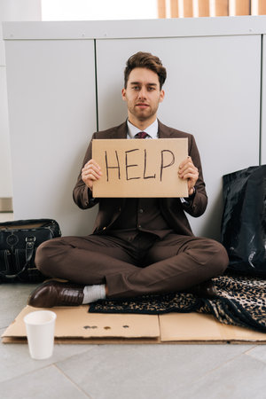 Vertical portrait of homeless millennial businessman wearing suit and tie sitting with cardboard...