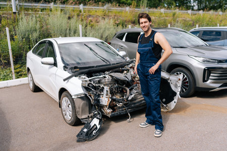 Handsome mechanic assessing damage to white car that has been severely damaged in accident, front end crushed and airbags have deployed. Concept of professional car repair and maintenance work.の写真素材