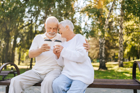 Loving cheerful elderly couple savoring coffee on park bench, conversing, grinning, sharing laughter under sunny trees, displaying profound love and companionship.の写真素材