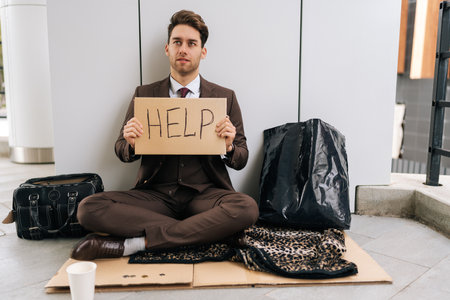 Portrait of sad homeless millennial businessman wearing suit and tie sitting on city street with cardboard sign asking for help. Unhappy young business man seeking assistance after losing everything.の写真素材