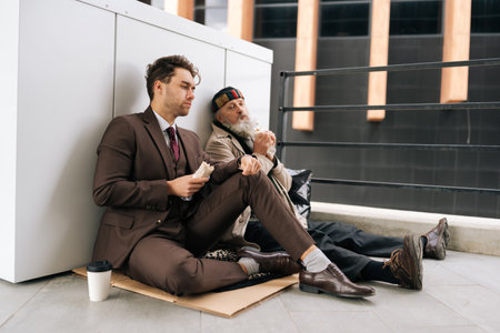 Pensive bankrupt businessman wearing suit and tie sharing sandwich with elderly homeless man sitting together on urban street, showing compassion and social responsibility.の写真素材